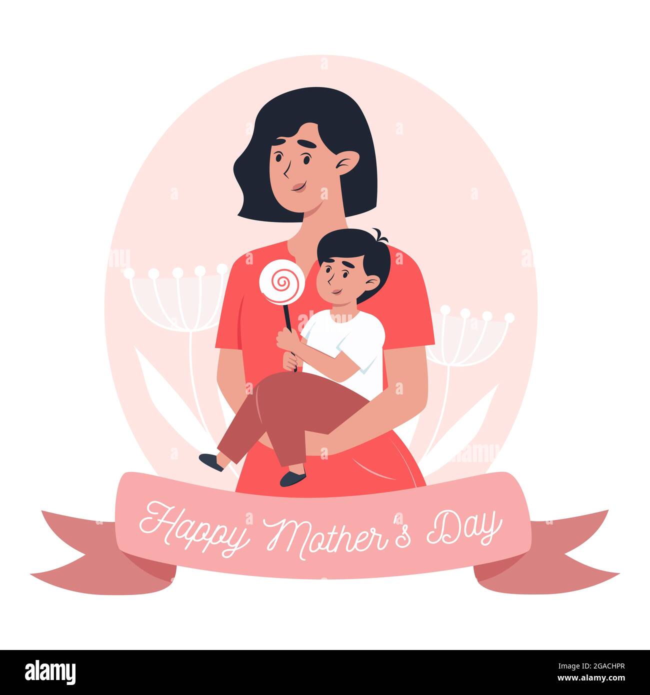 La carta del giorno della madre, la mamma tiene il figlio piccolo nelle sue braccia Illustrazione Vettoriale