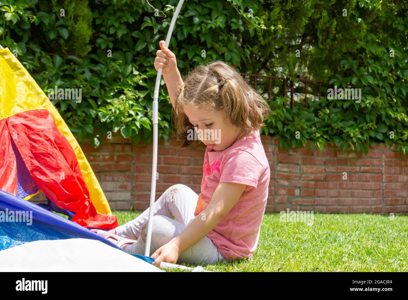ragazza sta cercando di impostare la sua tenda da gioco nel loro giardino. Foto Stock