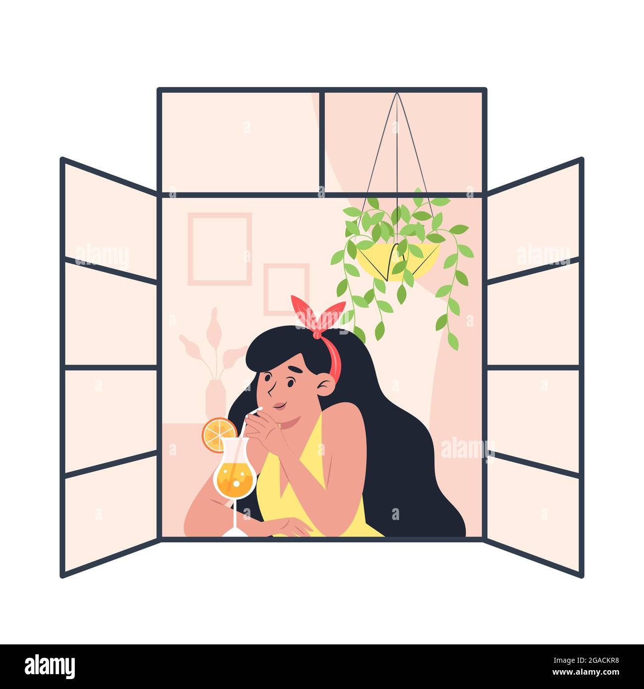 Giovane donna che beve un cocktail alla finestra aperta a casa Illustrazione Vettoriale