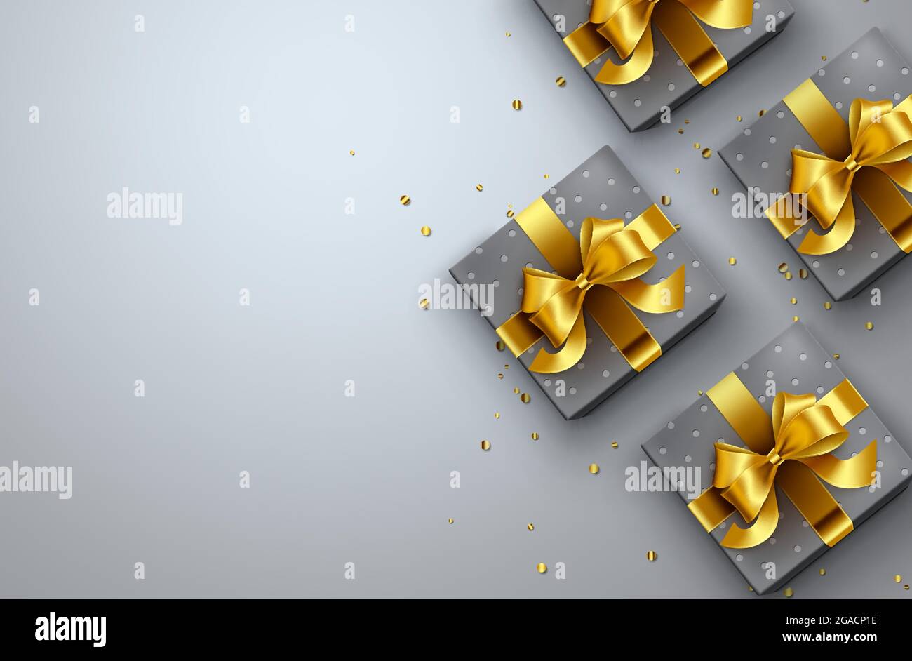 Scatole regalo vettoriale sfondo design. Regali con nastro d'oro e confetti eleganti elementi in vuoto spazio vuoto per compleanno, anniversario e vacanza. Illustrazione Vettoriale