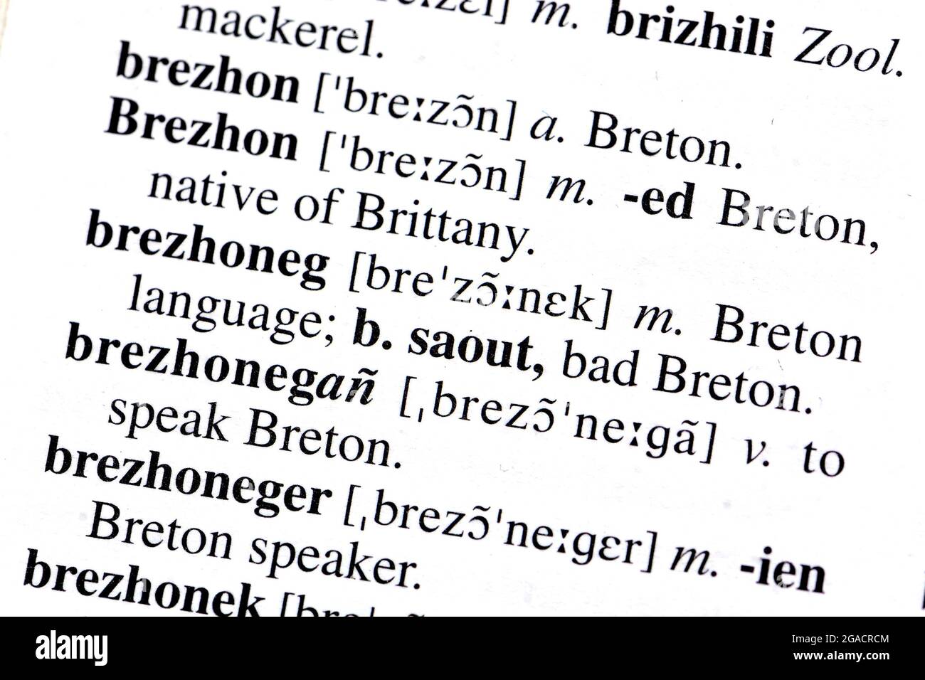 'Breton' tradotto in un dizionario bretone-inglese Foto Stock