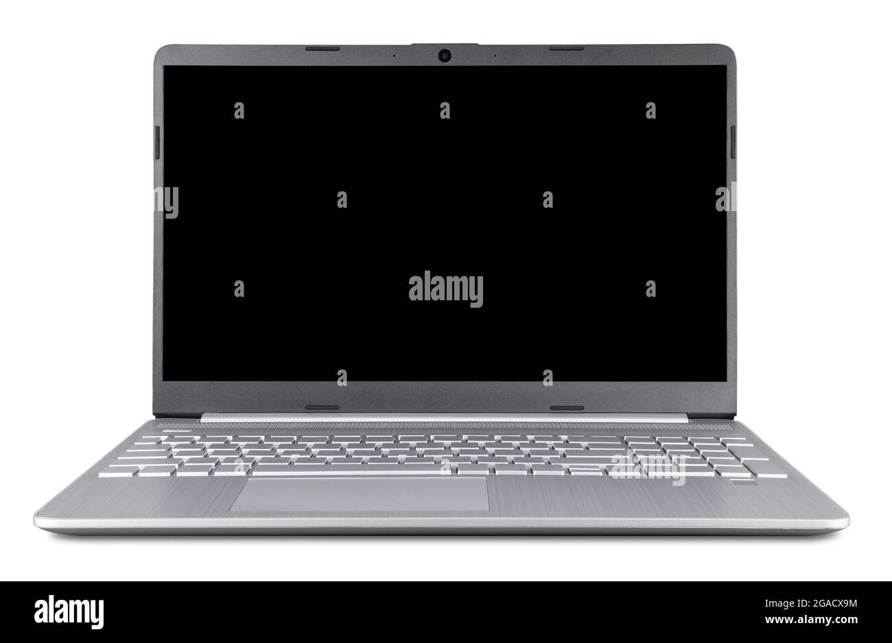 moderno notebook in metallo argento aperto con spazio di copia schermo vuoto isolato su sfondo bianco. concetto di tecnologia intelligente aziendale Foto Stock