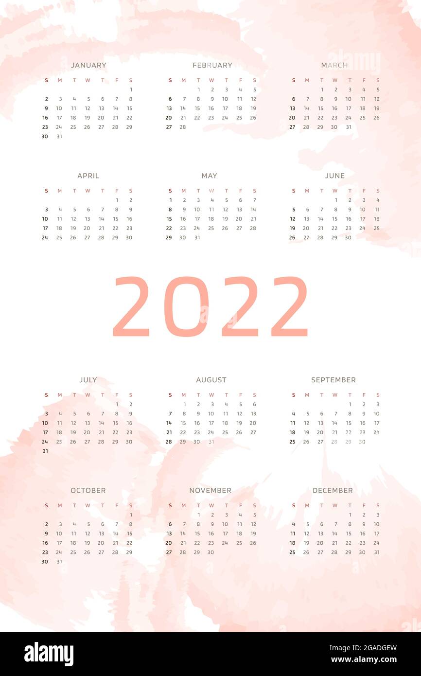 2022 modello di calendario su sfondo corallino rosa disegnato a mano con pennellate acquerello. Calendario per stampa e digitale. La settimana inizia la domenica. Illustrazione Vettoriale