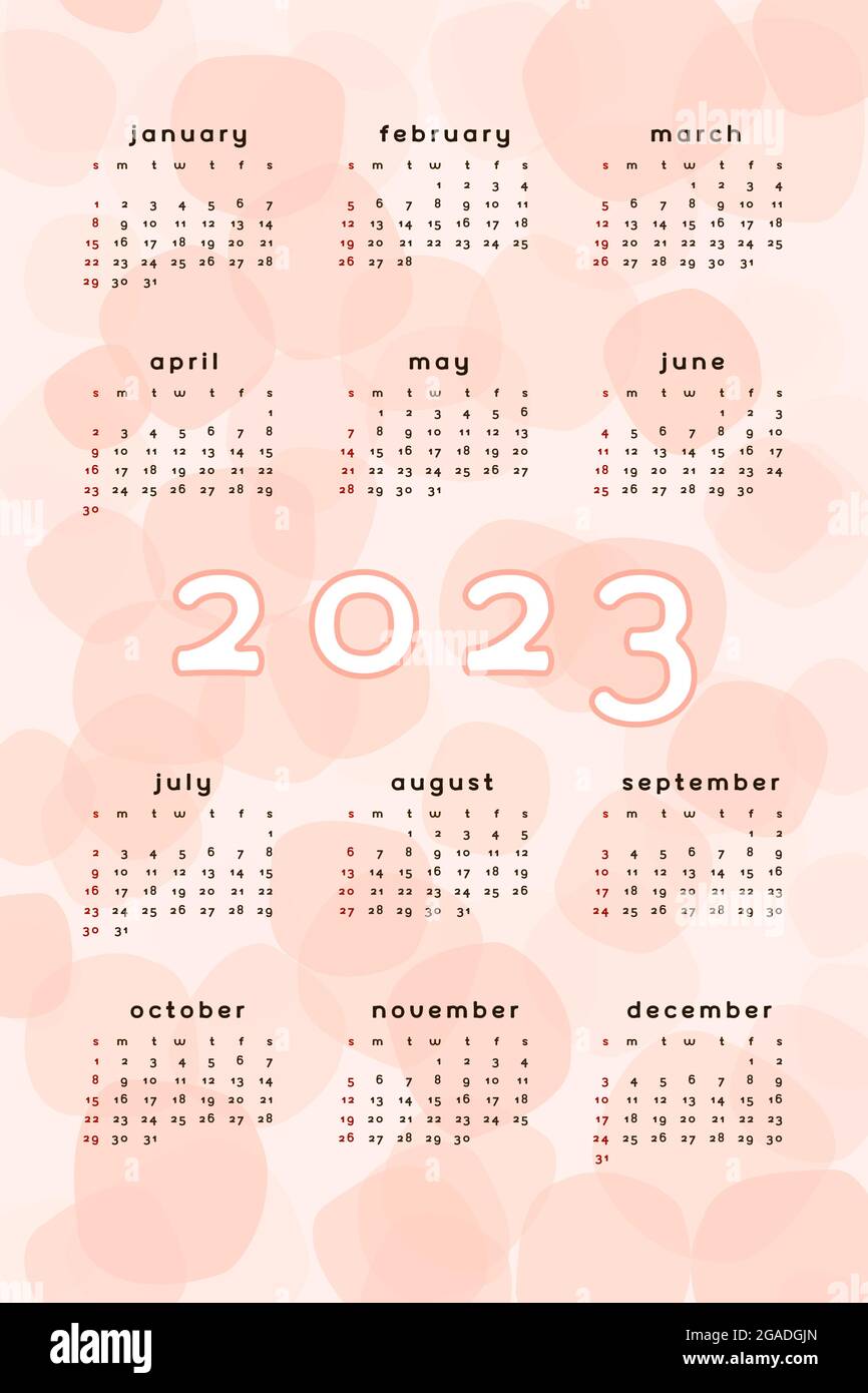2023 modello calendario rosa corallo. Formato verticale sfondo astratto arancione con blob punto disegnato a mano. Calendario per stampa e digitale. La settimana inizia la domenica. Illustrazione Vettoriale