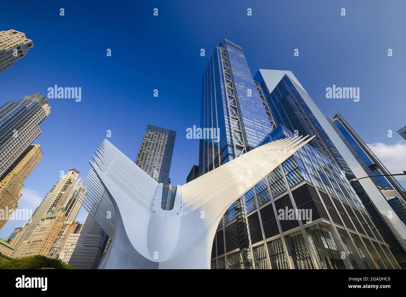 Vista ad angolo basso dell'Oculus World Trade Center, Man hattan, New York City, Stati Uniti Foto Stock