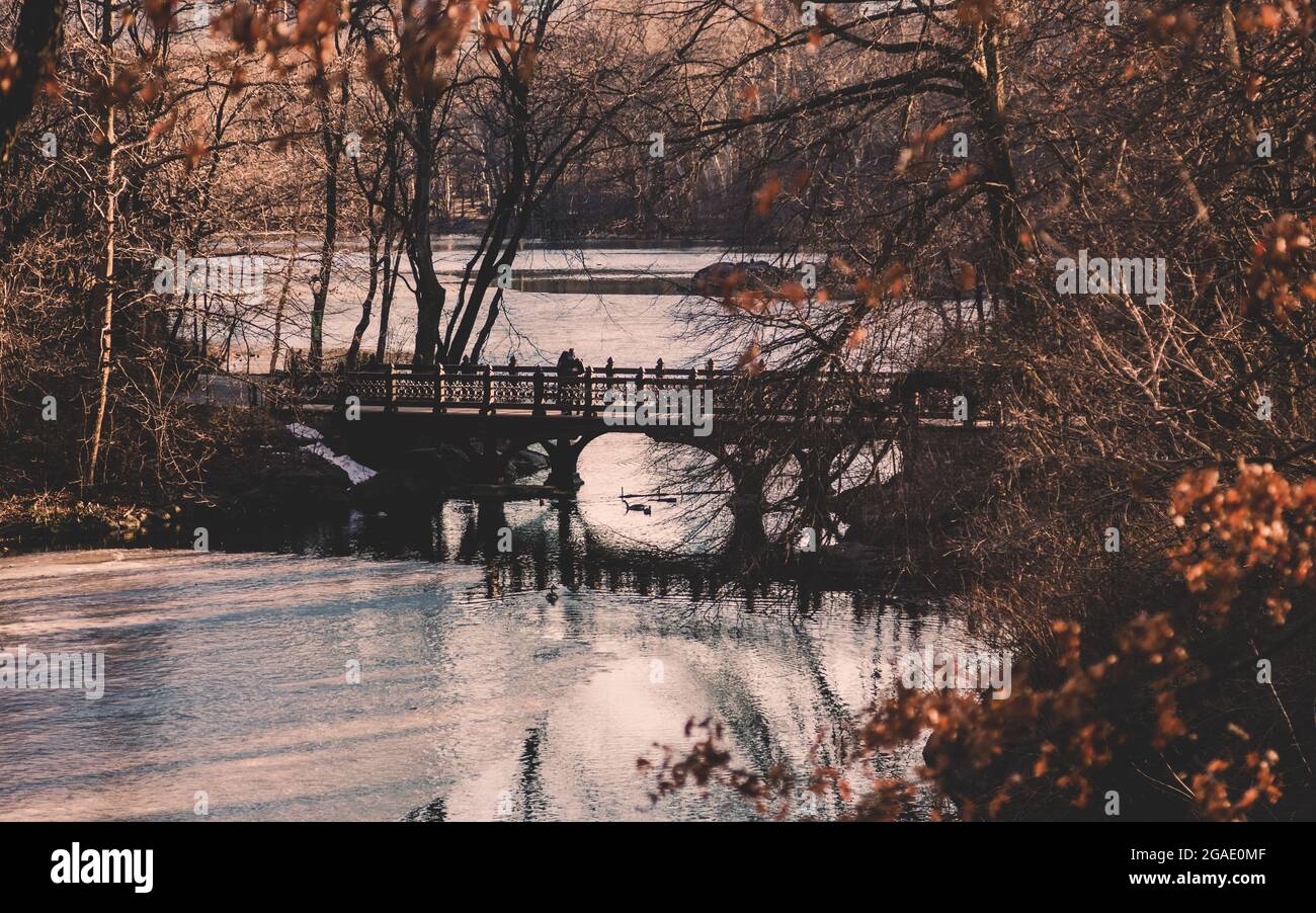 Bellissimi colori autunnali a ponte in legno di quercia ,Bank Rock bay, al Central Park di New York City. Foto Stock