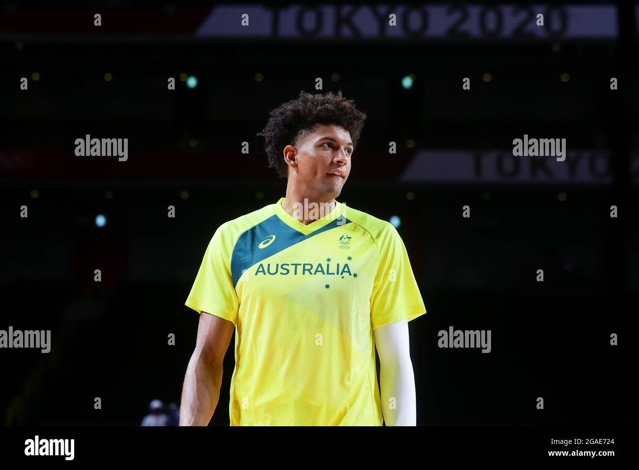 Tokyo, Giappone, 25 luglio 2021. Matisse Thybulle del Team Australia durante il turno preliminare di pallacanestro maschile Gruppo B - Partita 3 tra Australia e Nigeria il giorno 2 dei Giochi Olimpici di Tokyo 2020. Credit: Pete Dovgan/Speed Media/Alamy Live News Foto Stock