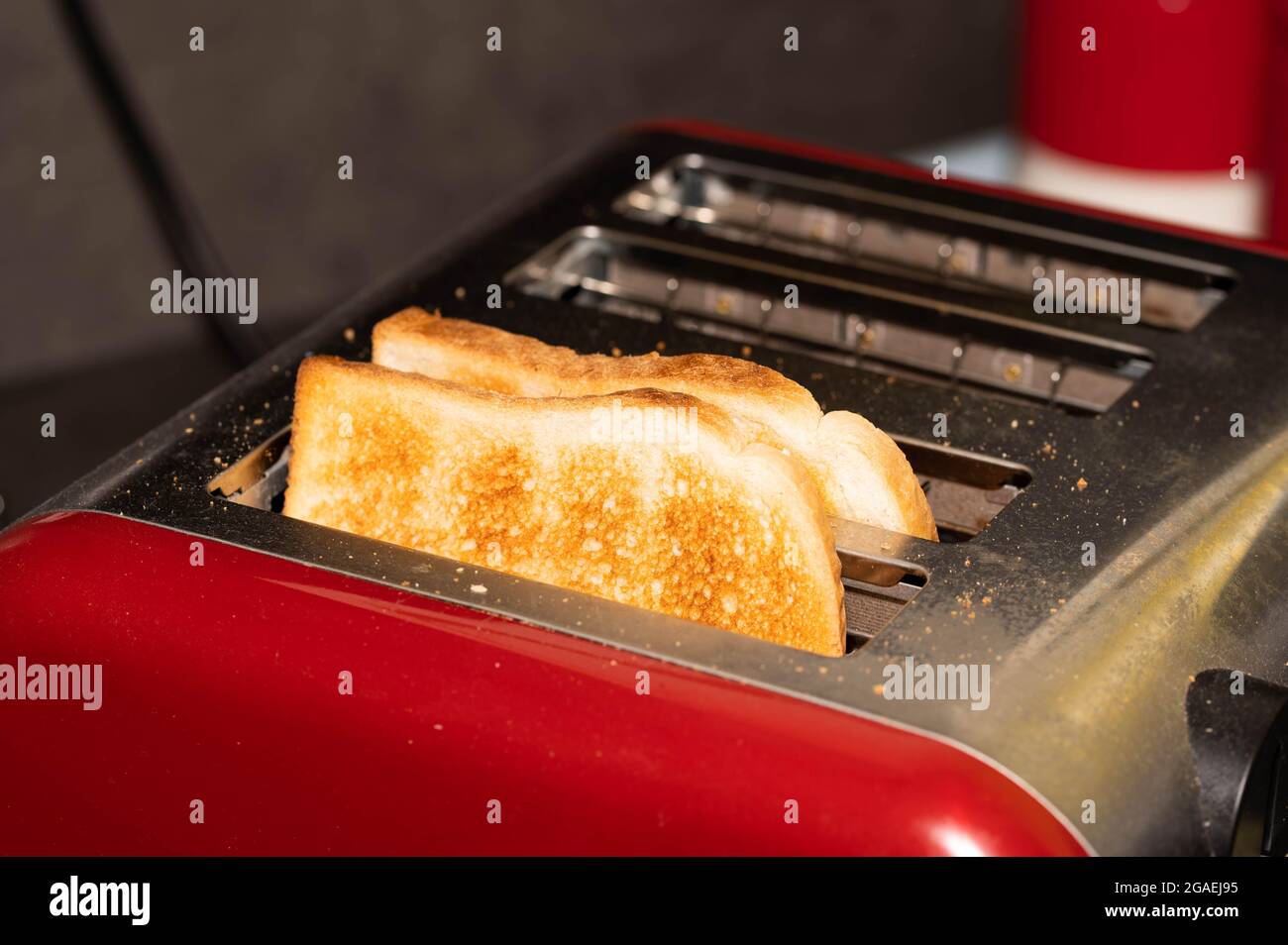 Un tostapane elettrico in cucina con toast cotto fatto di pane bianco fritto Foto Stock