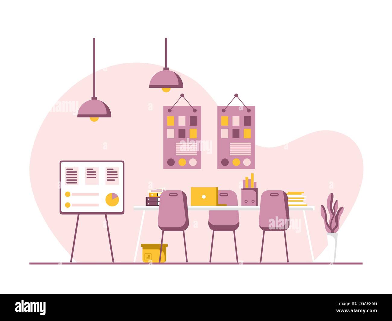 Design piatto della postazione di lavoro e della postazione di lavoro, concetto di scrivania o interno dell'ufficio con mobili. Moderna sala ufficio con computer, tavolo e attrezzature Foto Stock