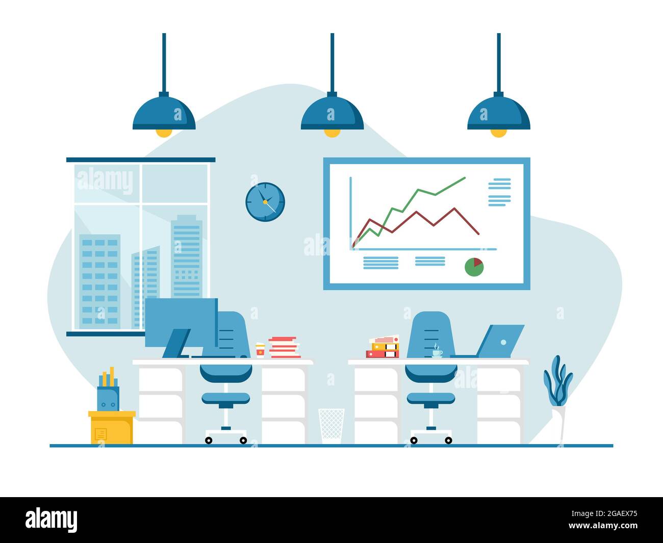 Design piatto della postazione di lavoro e della postazione di lavoro, concetto di scrivania o interno dell'ufficio con mobili. Moderna sala ufficio con computer, tavolo e attrezzature Foto Stock