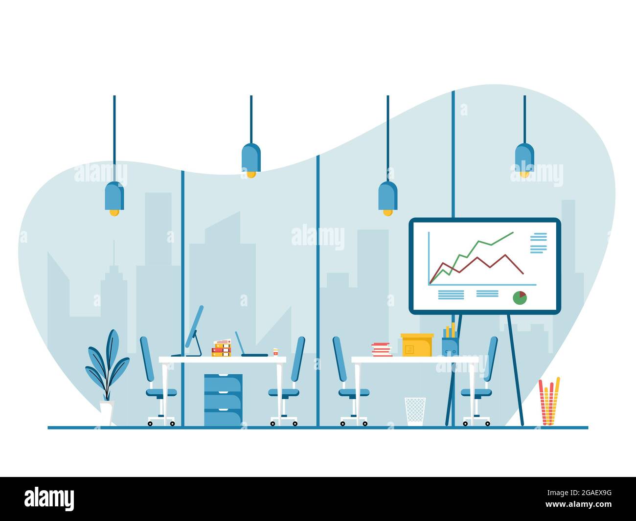Design piatto della postazione di lavoro e della postazione di lavoro, concetto di scrivania o interno dell'ufficio con mobili. Moderna sala ufficio con computer, tavolo e attrezzature Foto Stock