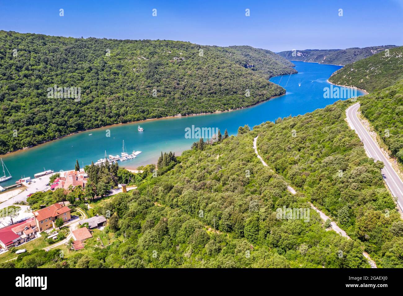 Una vista aerea di Limski Kanal, fiordo, Istria, Croazia Foto Stock