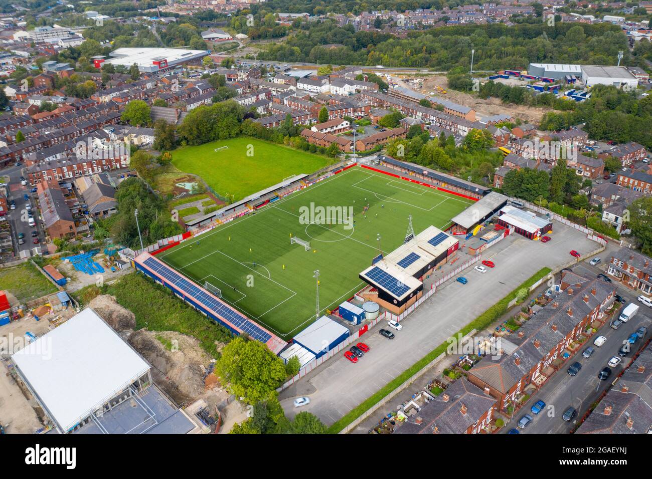 Veduta aerea del drone di Hyde Cheshire Manchester, Hyde United Stadium Ewen Fields Foto Stock