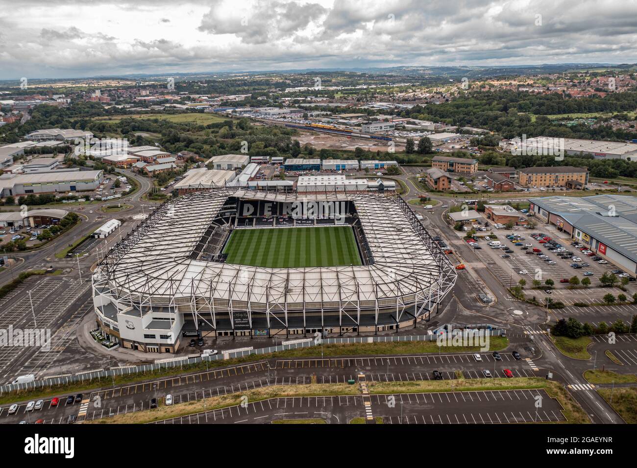 Vista aerea di Pride Park Derby, sede del Drone del Derby County Football Club di Wayne Rooney Foto Stock