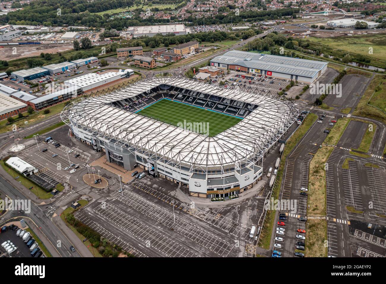 Vista aerea di Pride Park Derby, sede del Drone del Derby County Football Club di Wayne Rooney Foto Stock