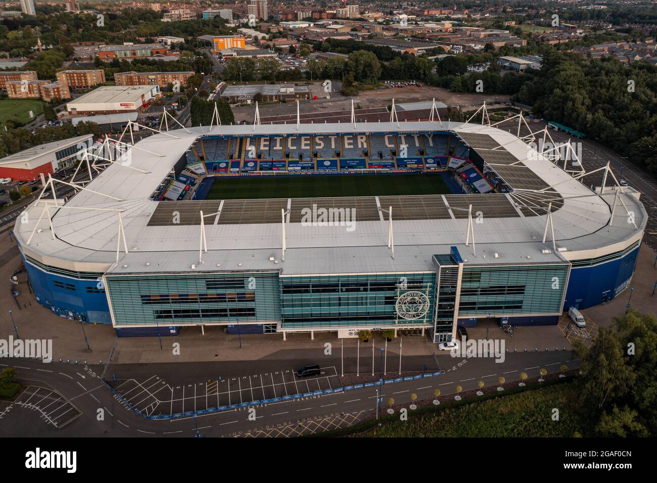 King Power Stadium sede dell'ex Premier League Champions Leicester City Football Drone Aerial Crash Sito dell'elicottero Vichai Srivaddhanaprabha Foto Stock
