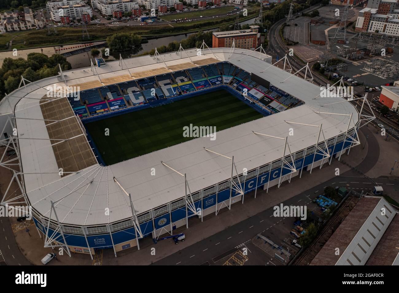 King Power Stadium sede dell'ex Premier League Champions Leicester City Football Drone Aerial Crash Sito dell'elicottero Vichai Srivaddhanaprabha Foto Stock