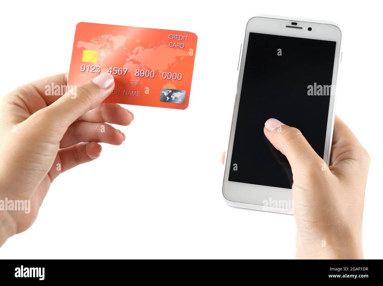 Le donne tengono le mani in mano con smartphone e carta di credito, isolate  su bianco Foto stock - Alamy
