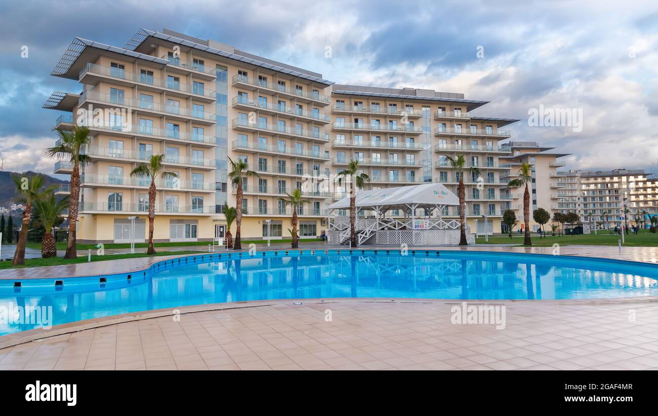 Vista del Sochi Park Hotel - 20 marzo 2021, Adler Russia Foto Stock