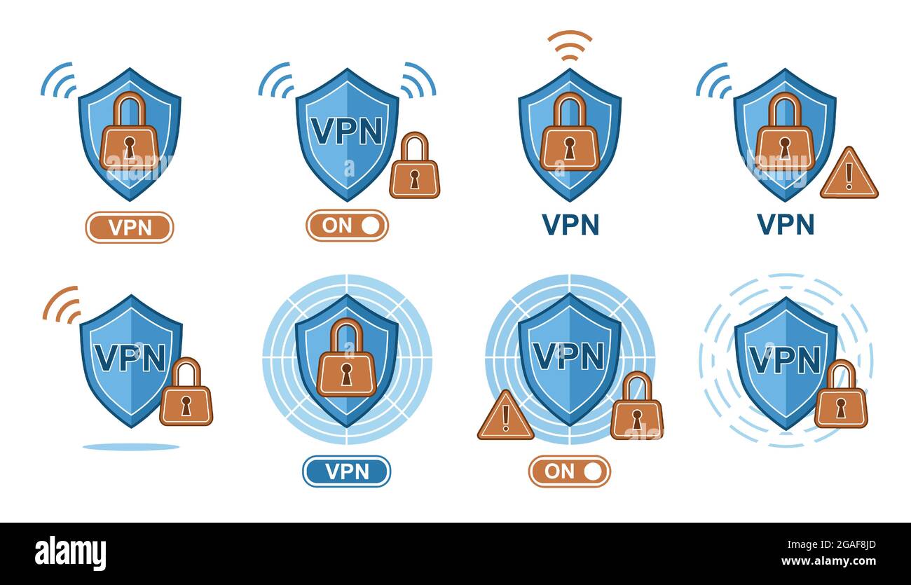 Servizio di sicurezza VPN Virtual Private Network. Connessione protetta crittografata. Protezione con blocco. Privacy online. Protezione dei dati personali. Vettore Illustrazione Vettoriale