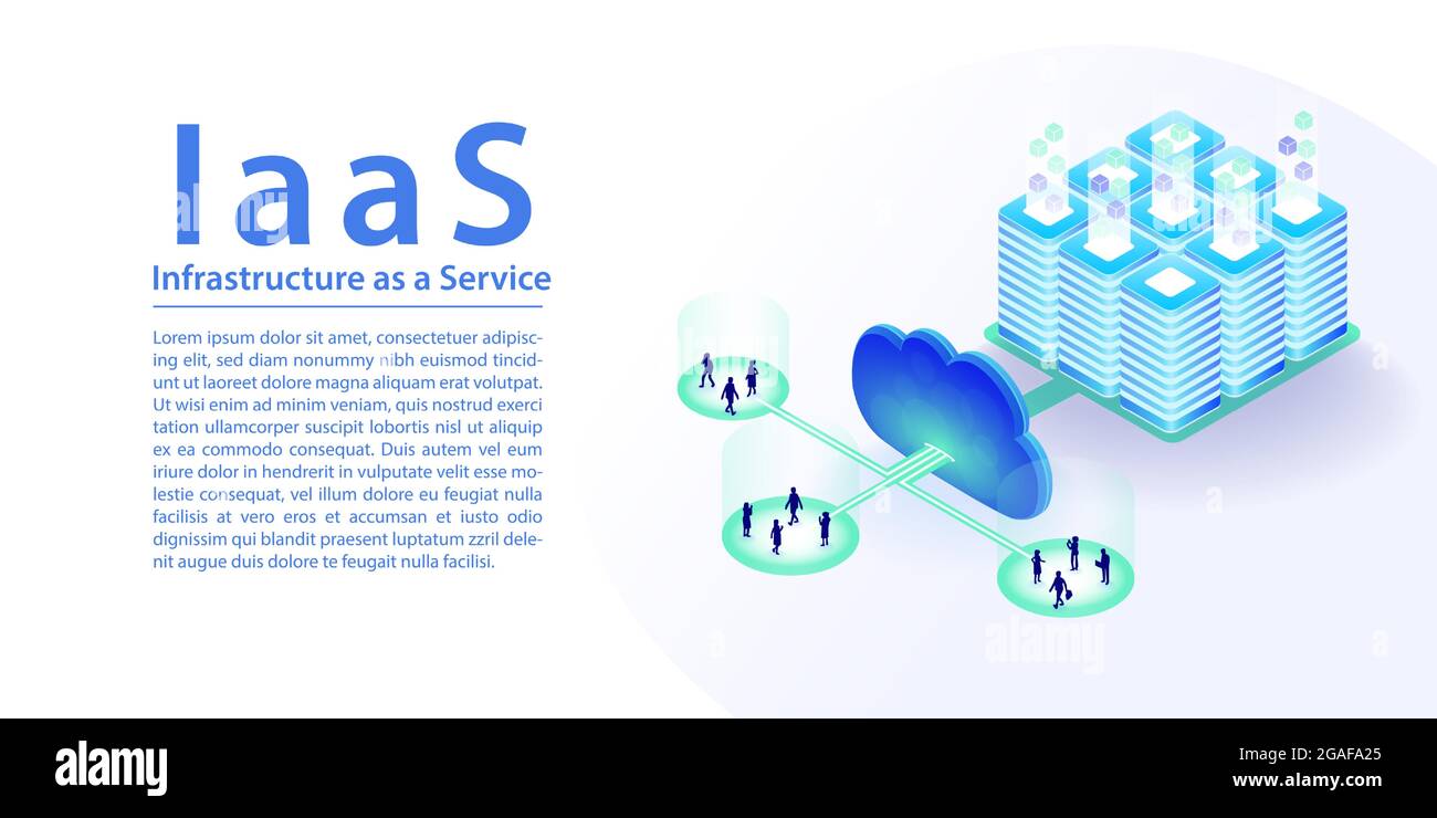 Infrastruttura IaaS come concetto di cloud computing di servizio. immagine vettoriale isometrica 3d come banner orizzontale. Infrastruttura IT collegata tramite il c Illustrazione Vettoriale