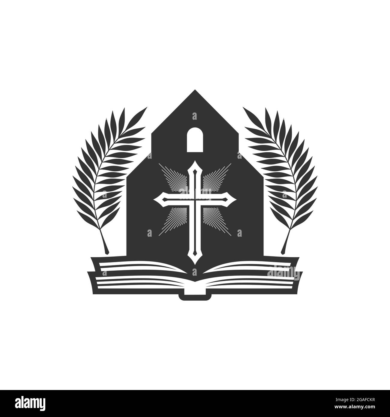 Illustrazione cristiana. Logo della Chiesa. La gloria di Cristo nella chiesa, rami di palma e una bibbia aperta. Illustrazione Vettoriale