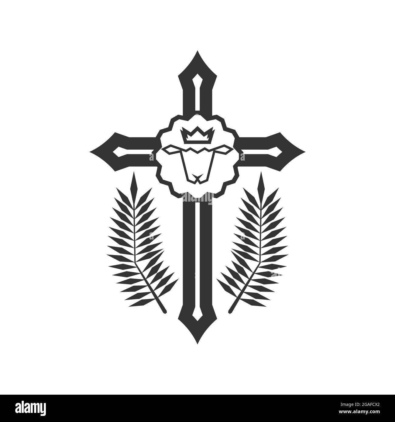 Illustrazione cristiana. Logo della Chiesa. Agnello di Dio che versò sangue per i peccati delle persone sulla croce. Illustrazione Vettoriale