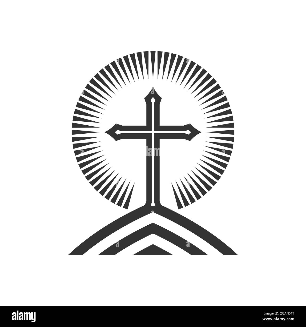 Illustrazione cristiana. Logo della Chiesa. Croce di Gesù Cristo sulla montagna. Illustrazione Vettoriale