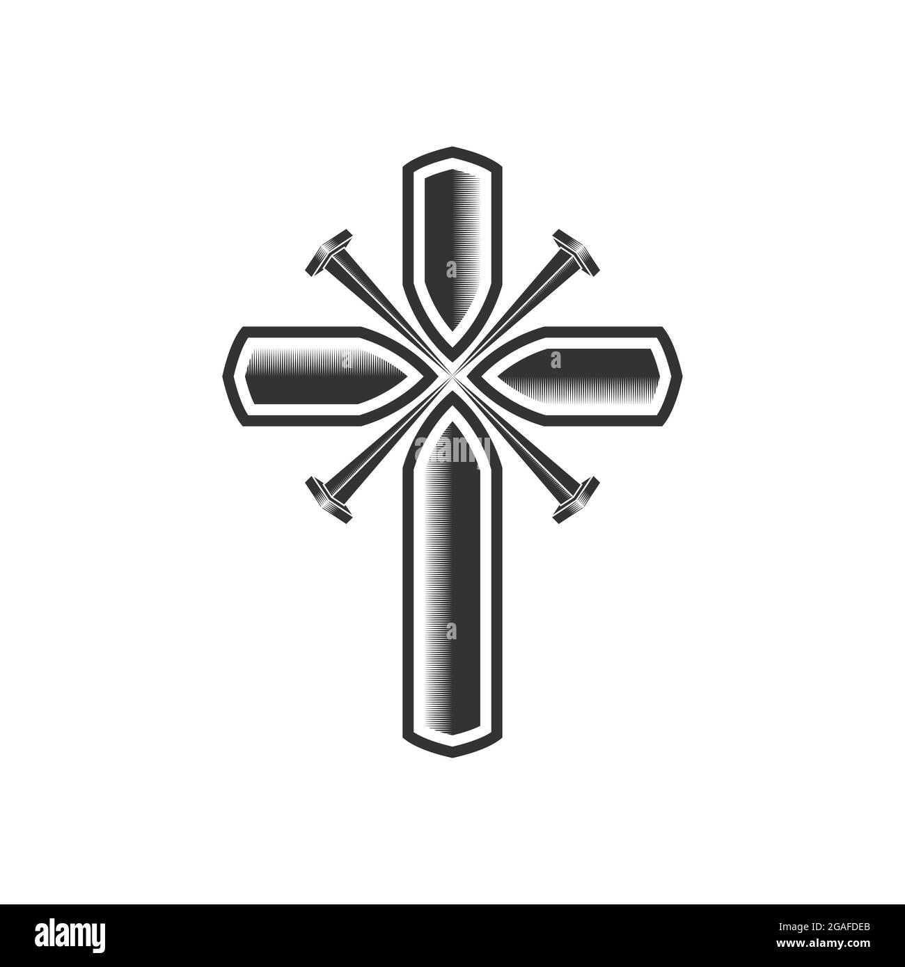 Illustrazione cristiana. Logo della Chiesa. La croce di Cristo trafitto di unghie. Illustrazione Vettoriale