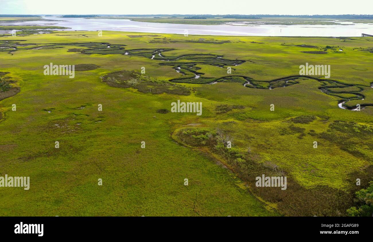 Vista aerea della palude di acqua salata e del fiume Tolomato a St. Augustine, Florida. Foto Stock