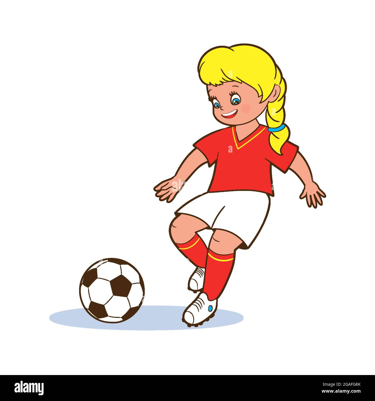 Una giovane ragazza giocatore di calcio gioca con i suoi piedi una palla di calcio. Illustrazioni vettoriali isolate in stile cartoon su sfondo bianco per bambini. Illustrazione Vettoriale