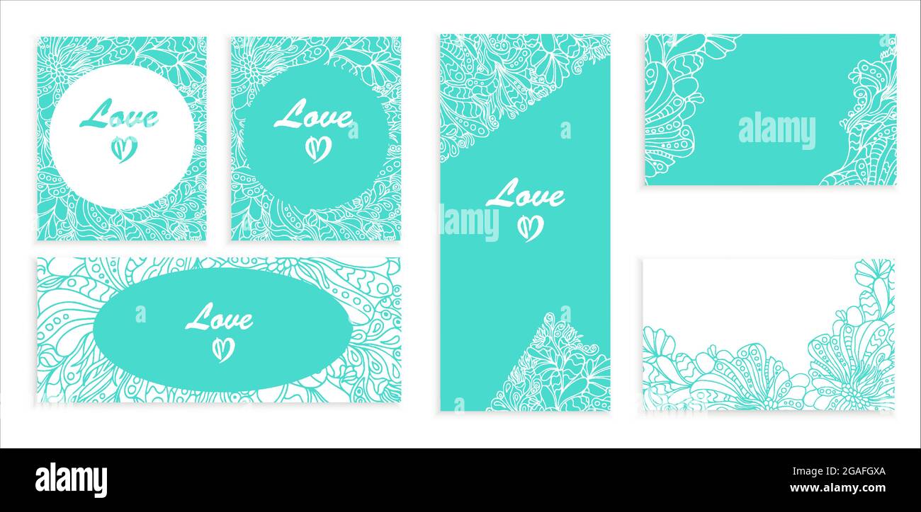 Un set di carte per il matrimonio in blu e bianco. Inviti di nozze e carte con sfondo floreale astratto in stile zen tangle. Immagine vettoriale, lin Illustrazione Vettoriale