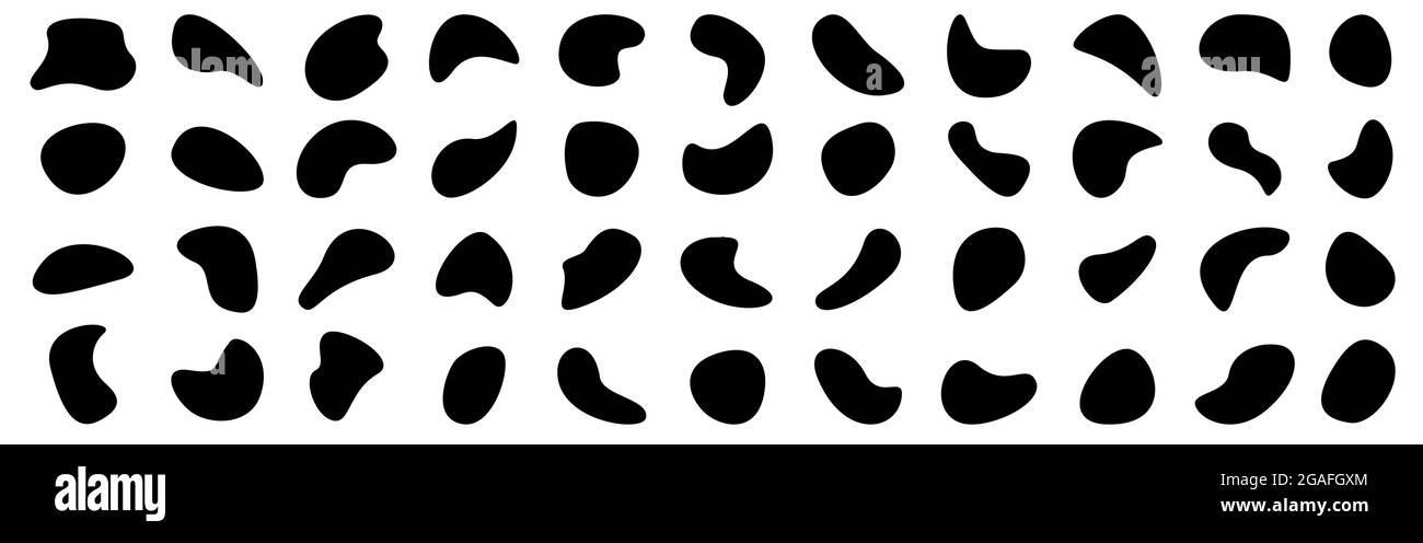 Forme organiche. Blob neri casuali su sfondo bianco. Elementi ovali astratti. Semplice goccia di liquido. Collezione di design moderno. Modelli fluidi. Vettore Illustrazione Vettoriale