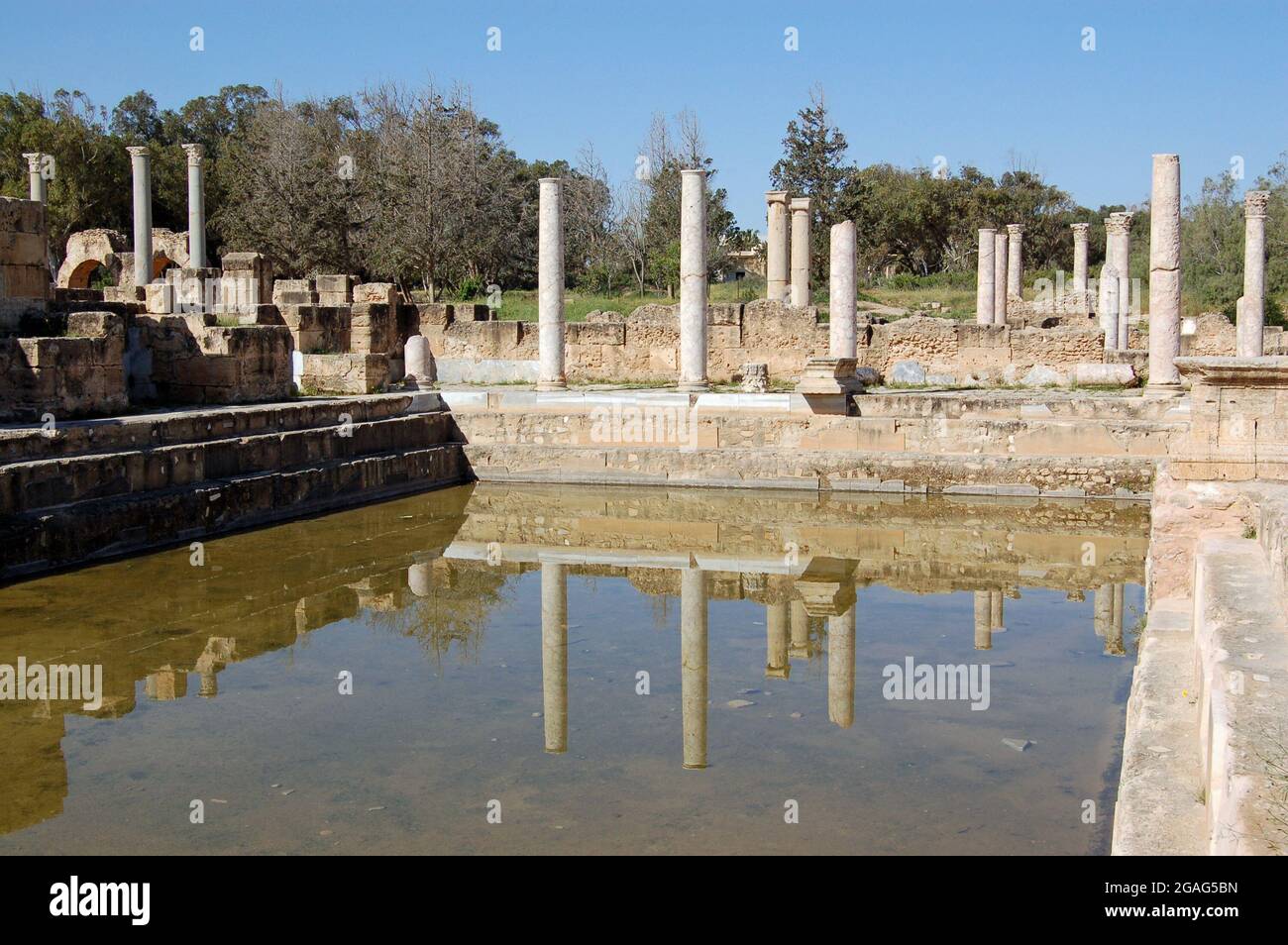 Colonne e edifici in rovina nell'antica città romana di Leptis Magna, nel nord della Libia. Foto Stock