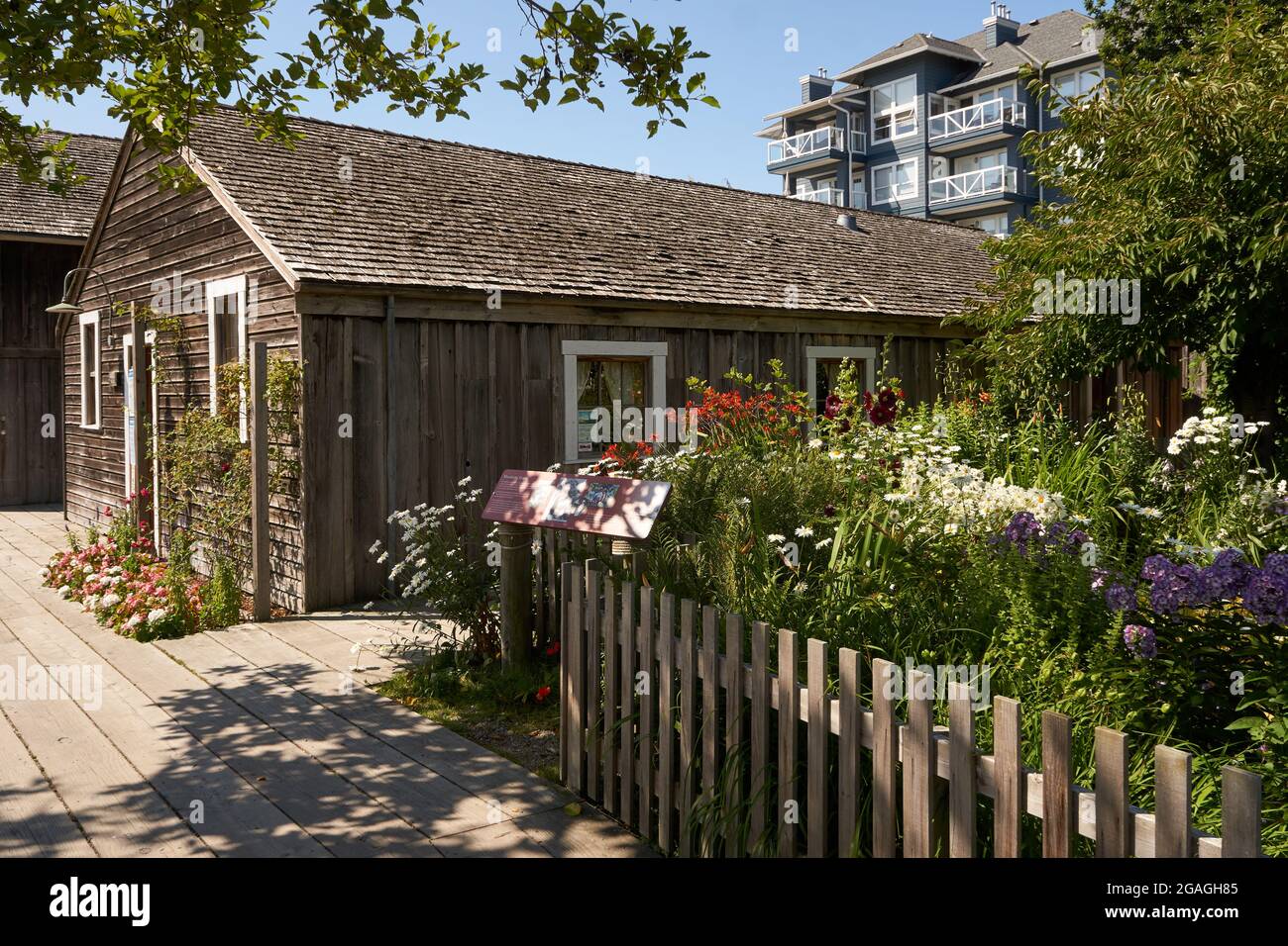 La Murakami House e il giardino di Obachan nel parco Britannia Heritage Shipyard, Steveston, Richmond, British Columbia, Canada Foto Stock