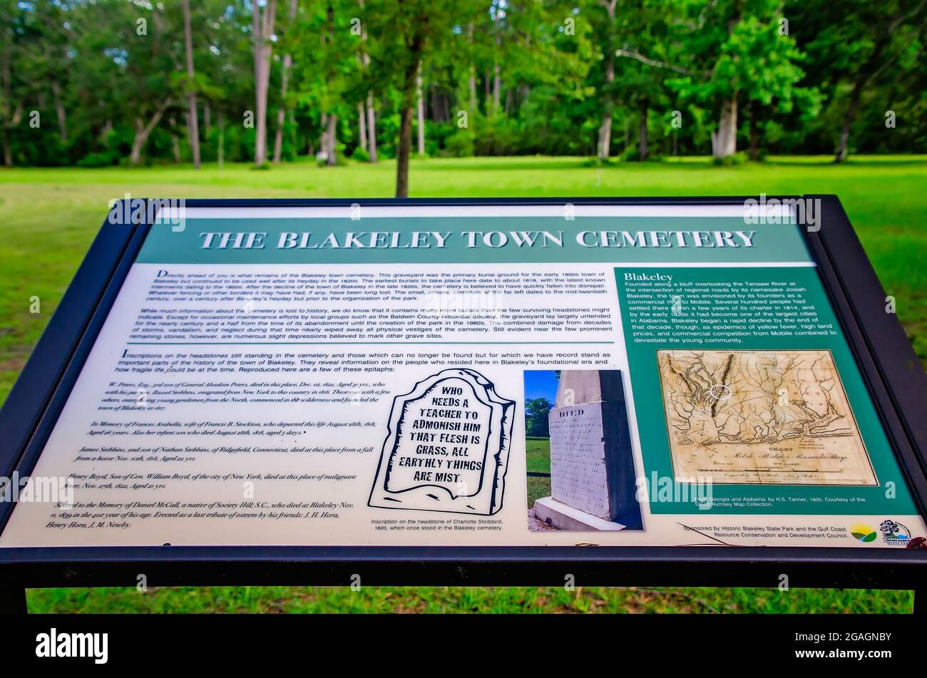 Un monumento storico è stato eretto di fronte al cimitero di Blakeley nello storico Blakeley state Park, il 26 giugno 2021, a Spanish Fort, Alabama. Foto Stock