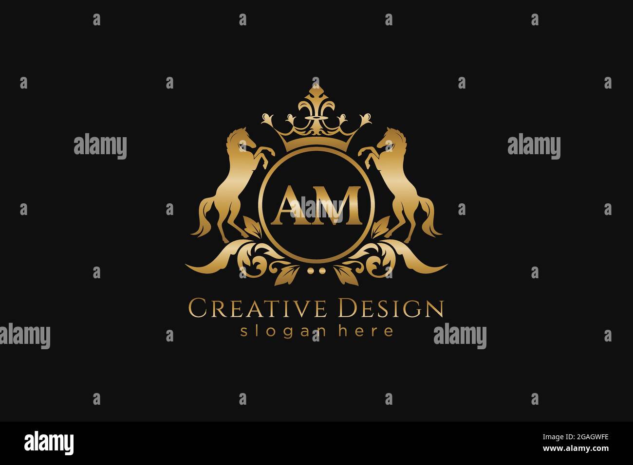 STEMMA D'oro AM retro con cerchio e due cavalli, stemma con scroll e corona reale - perfetto per progetti di branding di lusso Illustrazione Vettoriale