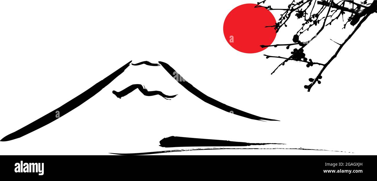 Ammira il Monte Fuji Kyoto e i fiori rossi di Osaka, il sole, il vettore Illustrazione Vettoriale