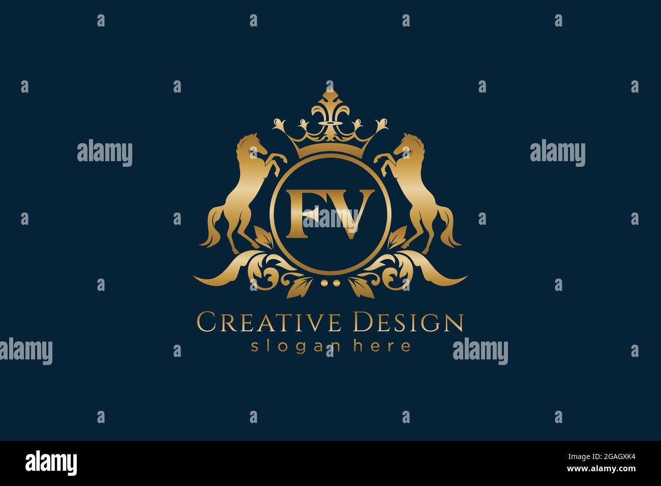 Cresta dorata FV retro con cerchio e due cavalli, modello con stemma e corona reale - perfetta per progetti di branding di lusso Illustrazione Vettoriale