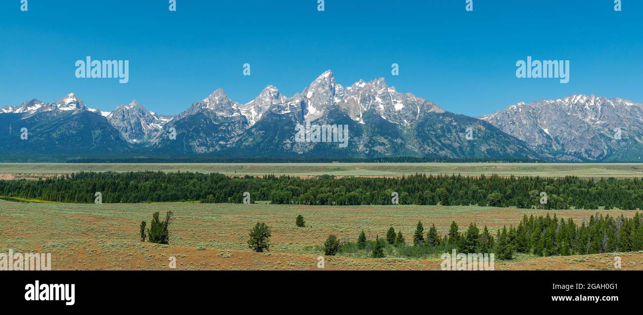 Grand Tetons Peaks panorama in estate, Grand Teton National Park, Wyoming, Stati Uniti. Foto Stock