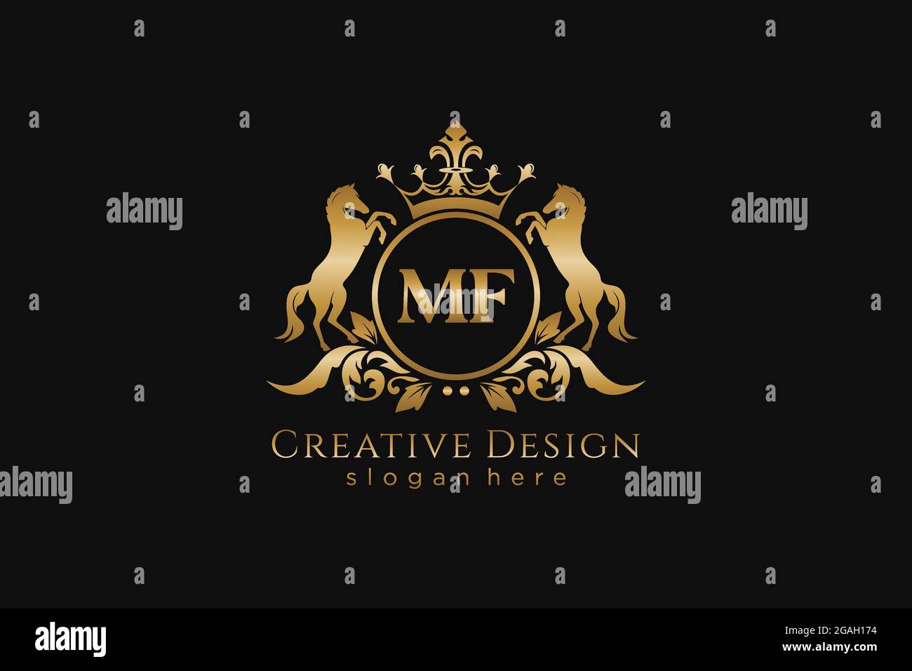 Cresta d'oro retrò MF con cerchio e due cavalli, modello con stemma e corona reale, perfetta per progetti di branding di lusso Illustrazione Vettoriale