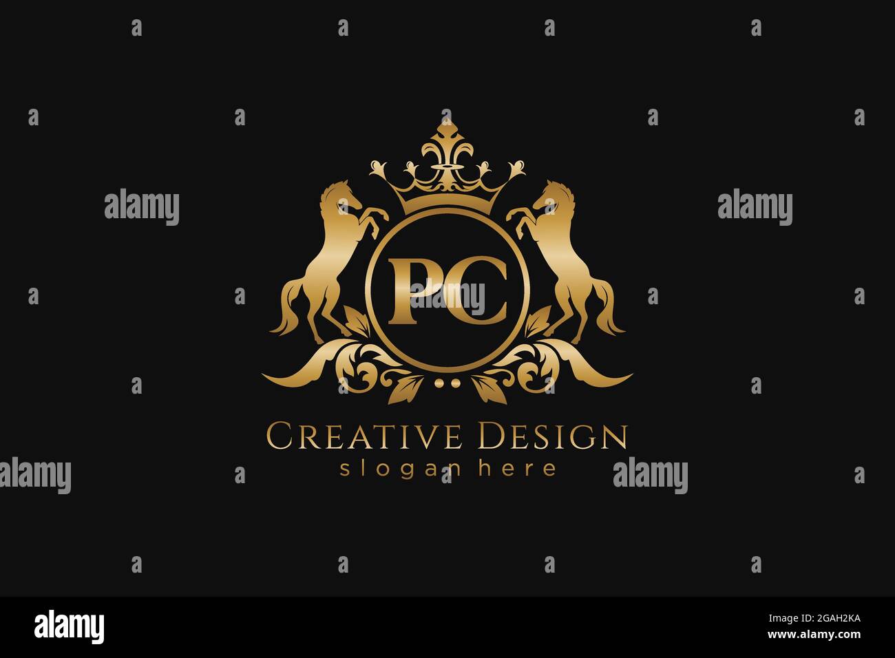 Cresta dorata PC retro con cerchio e due cavalli, modello badge con scroll e corona reale - perfetta per progetti di branding di lusso Illustrazione Vettoriale