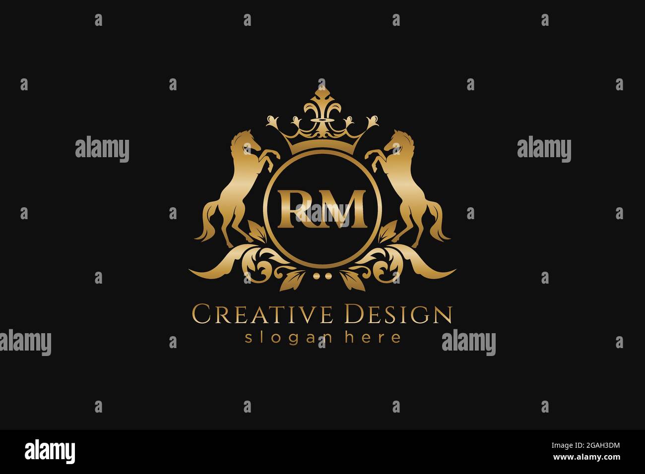 Cresta dorata RM retro con cerchio e due cavalli, modello badge con scroll e corona reale - perfetta per progetti di branding di lusso Illustrazione Vettoriale