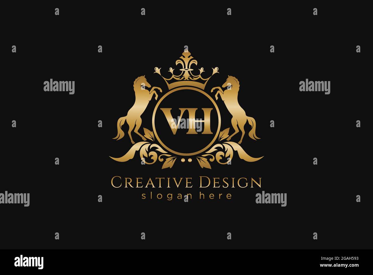 Cresta dorata VH retro con cerchio e due cavalli, modello badge con scroll e corona reale - perfetta per progetti di branding di lusso Illustrazione Vettoriale