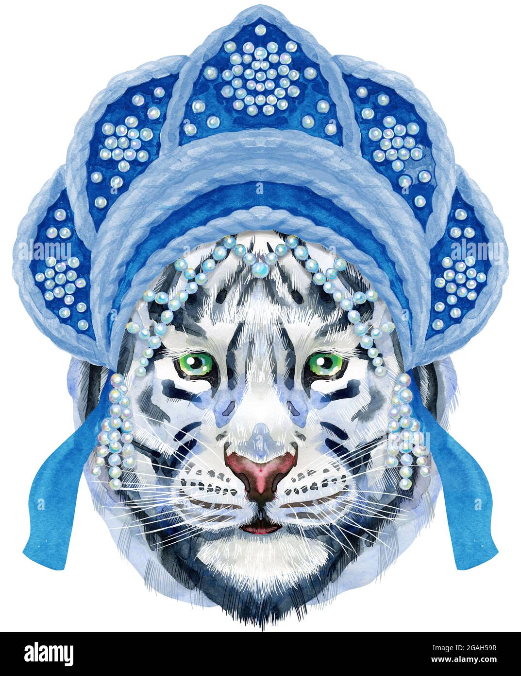 Illustrazione acquerello della tigre sorridente bianca nel headdress nazionale russo kokoshnik. Illustrazione dell'acquerello animale selvatico su sfondo bianco Foto Stock
