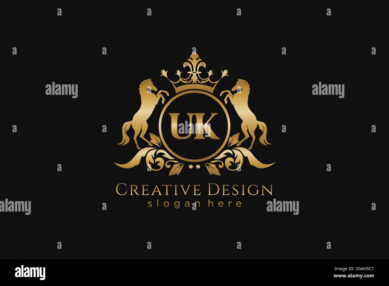 Cresta d'oro retro inglese con cerchio e due cavalli, modello badge con scroll e corona reale - perfetto per progetti di branding di lusso Illustrazione Vettoriale