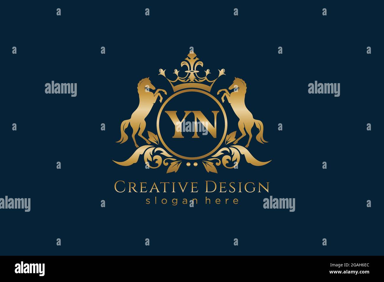 CRESTA dorata YN retro con cerchio e due cavalli, modello badge con scroll e corona reale - perfetto per progetti di branding di lusso Illustrazione Vettoriale