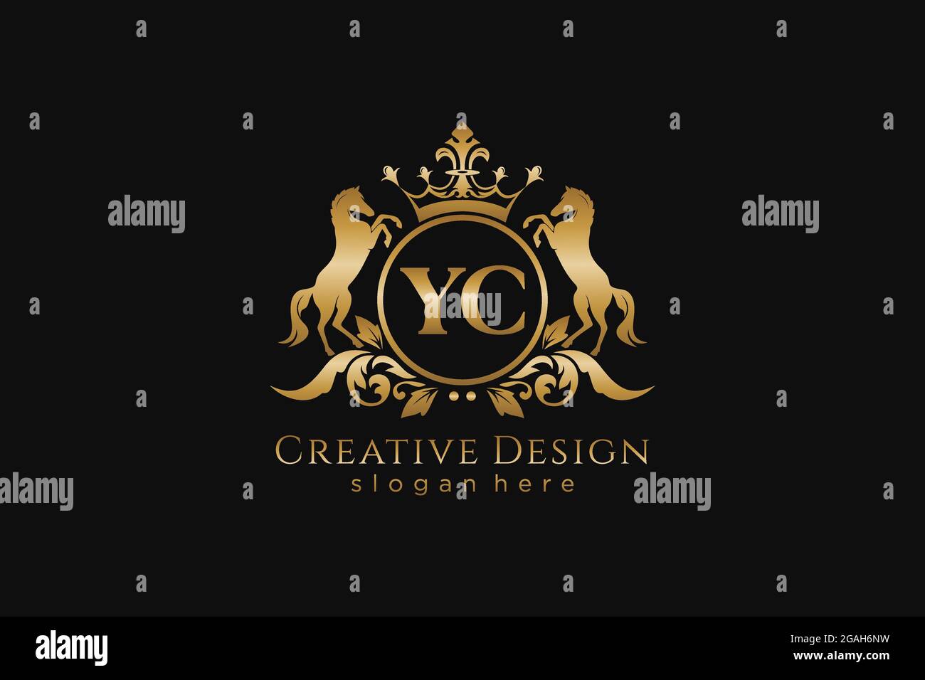 Cresta dorata YC retro con cerchio e due cavalli, modello badge con scroll e corona reale - perfetta per progetti di branding di lusso Illustrazione Vettoriale