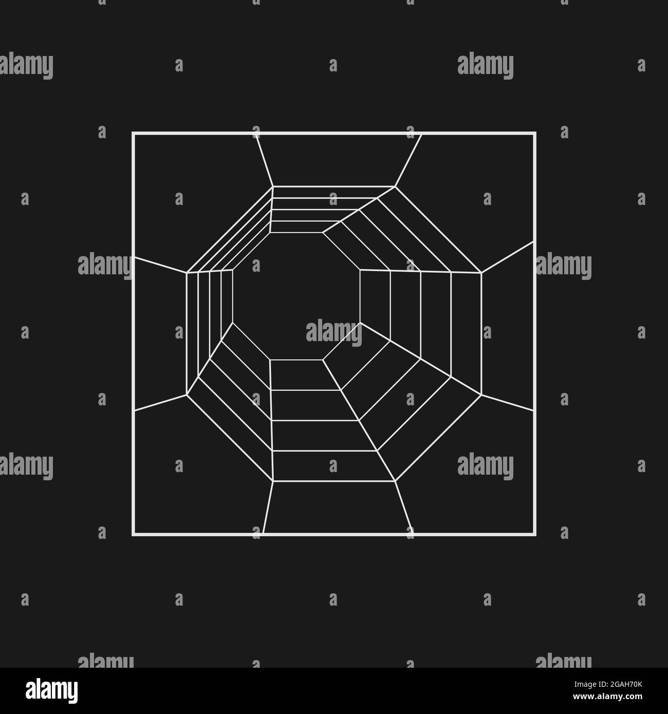 Tunnel retrofuturistico a griglia ottagonale nel riquadro rettangolare. Elemento di design Cyber. Tunnel in stile cyberpunk anni '80. Geometria prospettica per poster Illustrazione Vettoriale