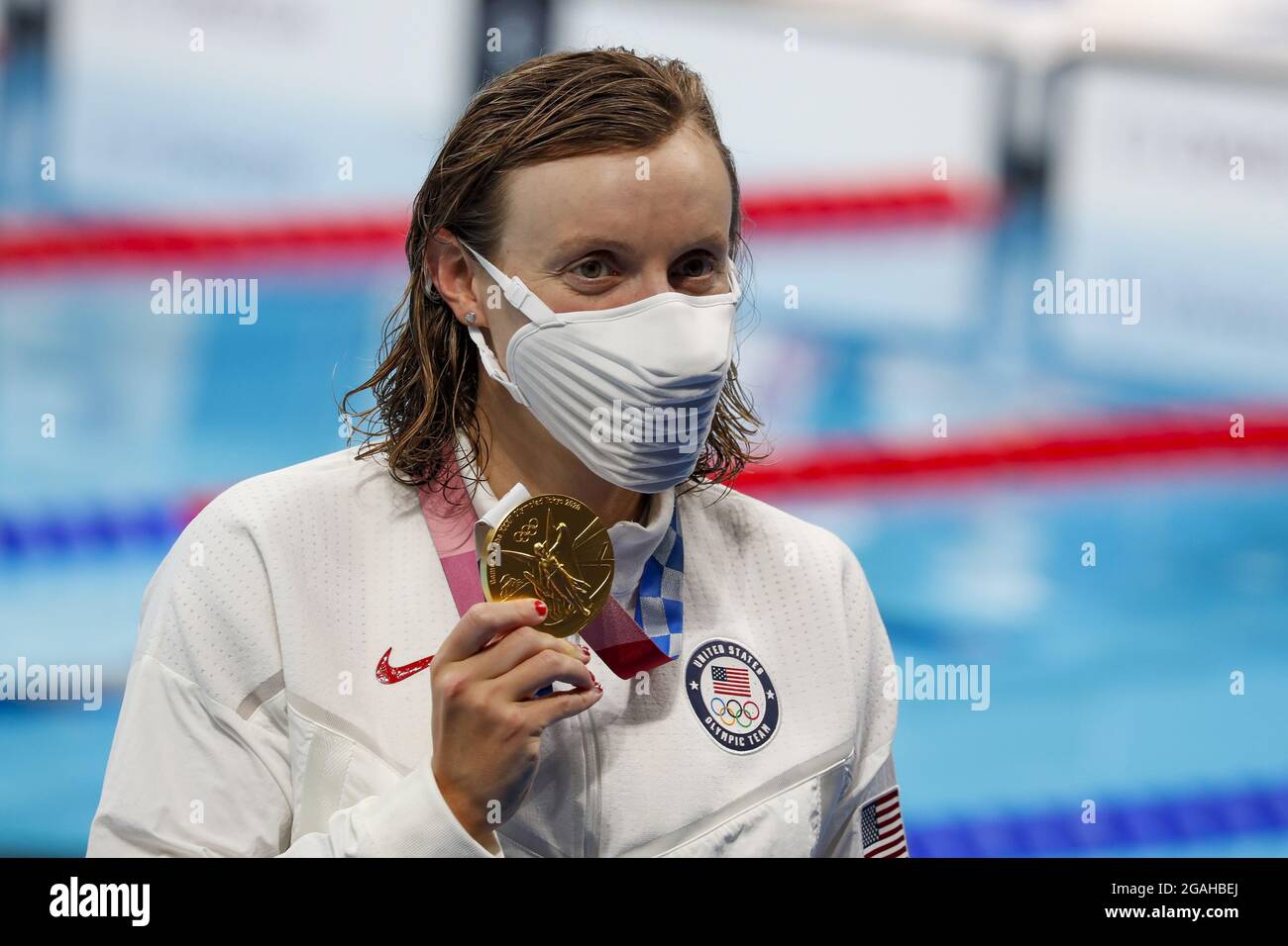 Tokyo, Giappone. 31 luglio 2021. Kathleen Ledecky of USA celebra la vittoria del 800 Freestyle femminile con una squadra di 8;12.57 al Tokyo Aquatics Center, durante i Giochi Olimpici estivi di Tokyo, Giappone, sabato 31 luglio 2021. Foto di Tasos Katopodis/UPI. Credit: UPI/Alamy Live News Foto Stock